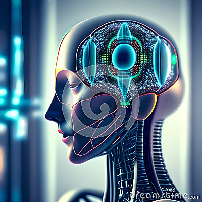 Artificial intelligence in humanoid head with neural network thinks, quantic Digital Brain is learning processing big data Stock Photo