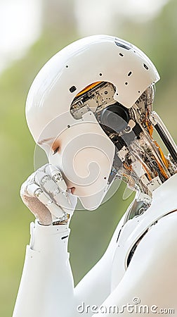 Artificial intelligence humanoid robot in deep thought futuristic white cybernetic design symbolizing advanced AI machine Cartoon Illustration