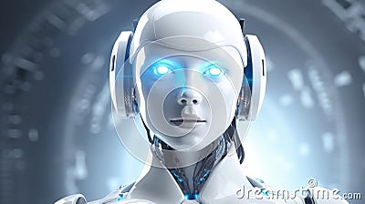 Artificial intelligence humanoid robot with headphone as an assistance and call operator on glowing tech background, chatbot and Stock Photo