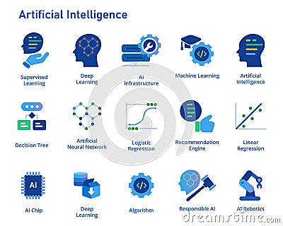 Artificial intelligence icon set collection machine deep learning algorithm concept blue graphic Vector Illustration