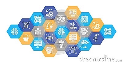 Artificial Intelligence icon set. Robotics, Chatbot, Database, Big Data web header banner Vector Illustration