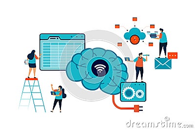 Artificial intelligence illustration of explain and analyze accounting spreadsheets task using ai. office jobs problem solved with Vector Illustration