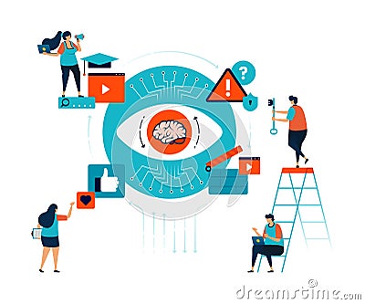 Artificial intelligence illustration of ideas and inspiration for entertainment, learning videos, social media content and data Vector Illustration