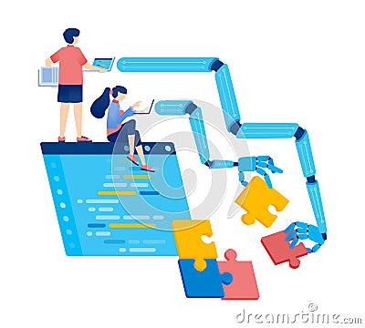 Artificial Intelligence Illustration of People Designing Programs and Robot Hands Solving Puzzles with AI Language Vector Illustration