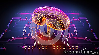 Artificial Intelligence in Image of Brain on Neon Computer Chip. Generative AI Stock Photo