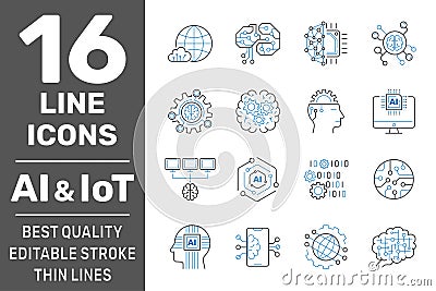 Artificial Intelligence and IoT thin icons set. AI, Iot, IIoT, Factory 4.0. Binary Code, Robot, Microchip, Smart Brain and other Stock Photo