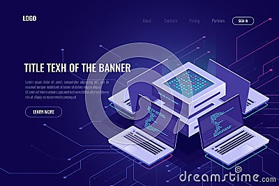 Artificial intelligence isometric abstract banner, neural network, server computers, software development, digital Vector Illustration