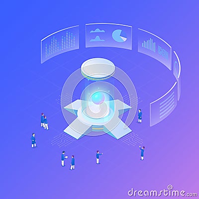 Artificial intelligence Isometric Flat vector concept AI, Powerful Server Big Data Computer, Blockchain data mining, Neural Vector Illustration