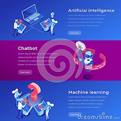 Artificial intelligence isometric landing page template. Machine learning, software application, ai website steps vector Vector Illustration