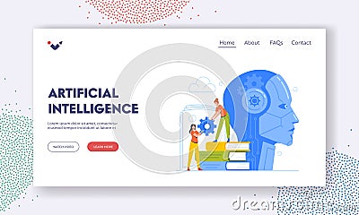 Artificial Intelligence Landing Page Template. Cyborg Training Process. Tiny Engineers Characters with Cogwheel Vector Illustration