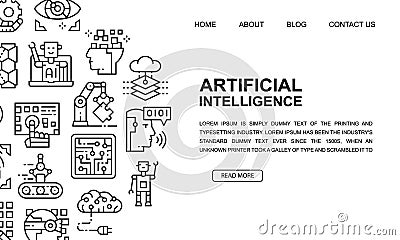 Artificial Intelligence landing page template in line style. Robotics, Chatbot, Database, Big Data illustration design Vector Illustration