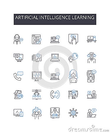 Artificial intelligence learning line icons collection. Machine learning, Cognitive computing, Deep learning, Predictive Vector Illustration