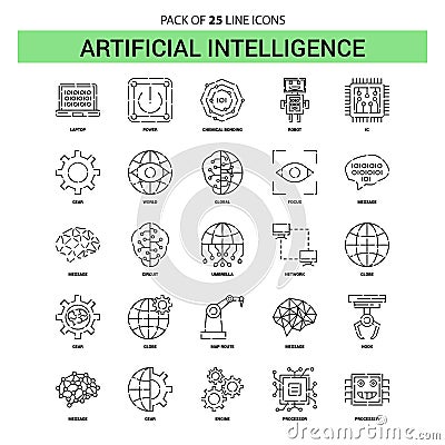 Artificial Intelligence Line Icon Set - 25 Dashed Outline Style Vector Illustration