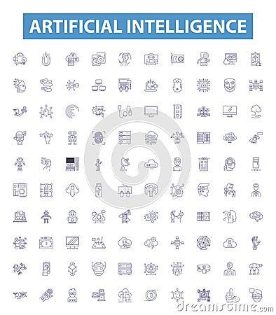 Artificial intelligence line icons, signs set. AI, Robotics, Machine Learning, Automation, Algorithms, Computation Vector Illustration