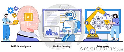 Artificial intelligence, machine learning, automation concept with character. Business efficiency abstract vector illustration set Vector Illustration