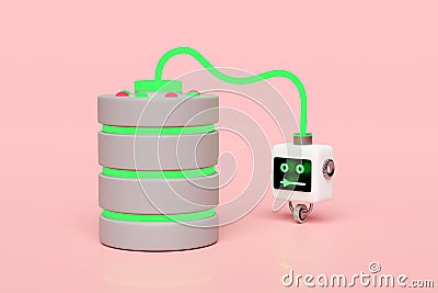 Artificial Intelligence, Machine Learning with robot reading data storage isolated on pink background. education, knowledge Cartoon Illustration