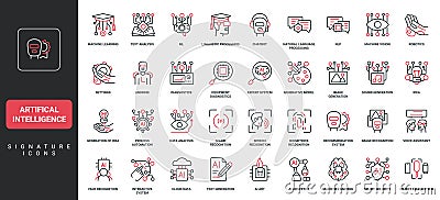 Artificial intelligence, machine learning and robotics, generation of ideas line icon set Vector Illustration