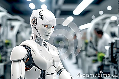 An artificial intelligence machine standing in manufacturing plant robot factory. Outstanding robot humanoid white robot on cyber Stock Photo