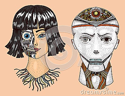 Artificial intelligence. Man and woman with half the face of robot. Replicant or Android. Hand drawn Future technology Vector Illustration