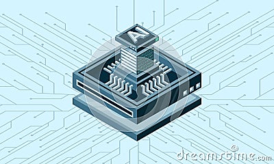Artificial intelligence micro chip illustration. Quantum computing. Artificial intelligence computer. Isometric machine Vector Illustration