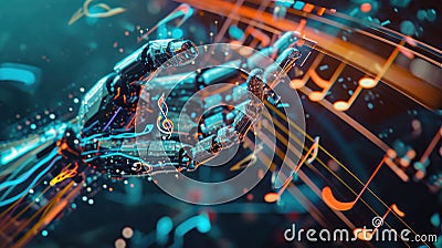 Artificial Intelligence in Music Composition. AI musical staff where notes are being arranged by digital hands Stock Photo