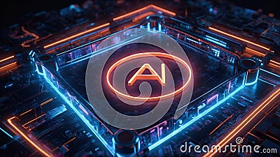 Artificial Intelligence neon chipset processor on circuit board working on data analysis, machine learning and Stock Photo