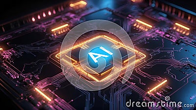Artificial Intelligence neon chipset processor on circuit board working on data analysis, machine learning and Stock Photo