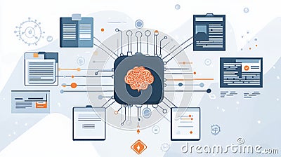 Artificial intelligence network with central brain and connected data nodes Stock Photo