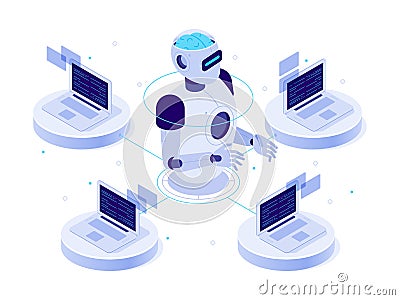 Artificial intelligence network. Virtual AI bot, chat with computer assistant and machine learning isometric vector Vector Illustration