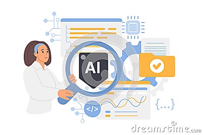 Artificial intelligence and neural networks control, search and coding check with AI Vector Illustration