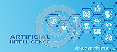 Artificial Intelligence promotion icons banner. Robotics, Chatbot, Database, Big Data illustration. Web banner layout Vector Illustration