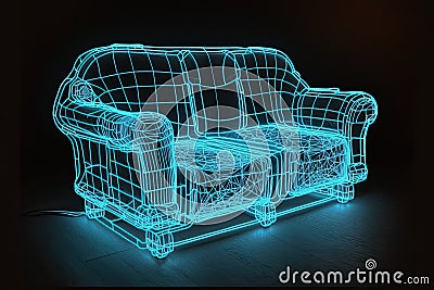 Artificial Intelligence in Psychology, using chatbots like psychologist therapist. Blue neon psychologist sofa in cyber space. AI Stock Photo