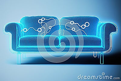 Artificial Intelligence in Psychology, using chatbots like psychologist therapist. Blue neon psychologist sofa in cyber space. AI Stock Photo