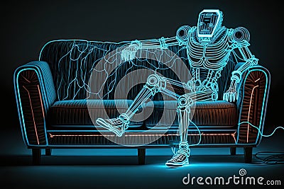 Artificial Intelligence in Psychology, using chatbots like psychologist therapist. Neon robot psychologist on sofa in cyber space Stock Photo