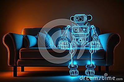 Artificial Intelligence in Psychology, using chatbots like psychologist therapist. Neon robot psychologist on sofa in cyber space Stock Photo