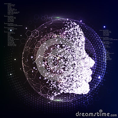 Artificial Intelligence. The quantum physics. The particles are collected in the girl`s face. Vector Illustration