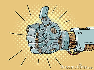 Artificial intelligence is ready to help and do cool. Symbol, thumbs up sign. Mechanical steel arm shows class. Cartoon Illustration