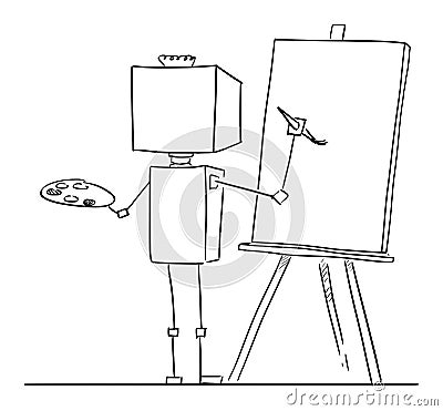 Artificial Intelligence Robot Artist Generating or Painting on Canvas, Vector Cartoon Stick Figure Illustration Vector Illustration