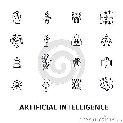 Artificial intelligence, robot, computer brain, technic, cyborg, brain, android line icons. Editable strokes. Flat Vector Illustration