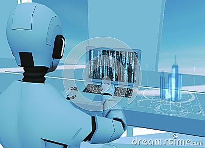Artificial intelligence, robot. Cyborg on the computer. Sci-fi. Science fiction. Programming. Architectural project, skyscrapers Stock Photo