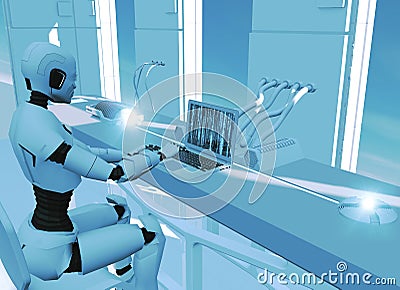 Artificial intelligence, robot. Cyborg on the computer. Science fiction. Sci-fi. Decoding and programming Stock Photo