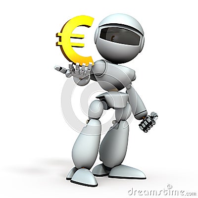 The artificial intelligence robot has a currency symbol in its hand. It represents economic control. White background. 3D Cartoon Illustration