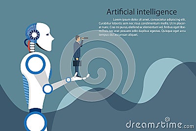 Artificial intelligence robot holding businessman in hand. Future technology symbol, innovation and progress. Vector illustration Cartoon Illustration