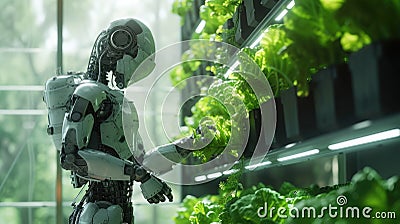 Artificial intelligence robot picking lettuce with robotic automated arm Stock Photo