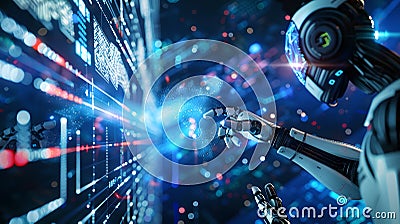 Futuristic AI Robot Interacting with Digital Interface. Technology and Innovation Concept Image. Vibrant, dynamic visual Stock Photo