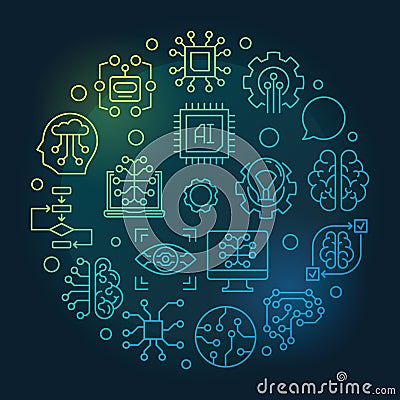 Artificial Intelligence round vector colored line illustration Vector Illustration