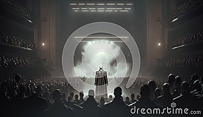 Artificial intelligence ruling the world. Huge robotic being walking towards the stage in a large venue. Generative AI Stock Photo