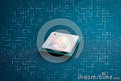 Artificial intelligence sign on computer chip microprocessor with abstract light circuit, modern digital AI in industry technology Stock Photo