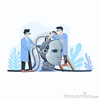 Artificial intelligence teamwork illustration concept, Artificial intelligence, brainstorming concept stock illustration, Teamwork Cartoon Illustration