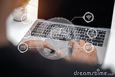 Artificial Intelligence technology. Businessman using a laptop computer chatting with an intelligent artificial intelligence. Editorial Stock Photo
